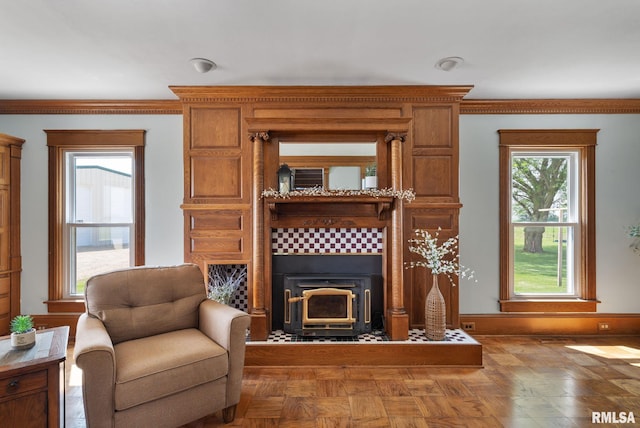 3473 270th St, De Witt, IA 52742 - living area with ornamental molding and a fireplace