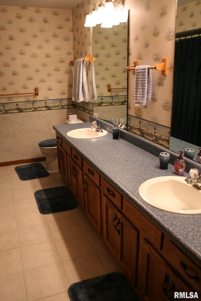 4145 Aspen Hills Dr, Bettendorf, IA 52722 - full bathroom featuring wallpapered walls, double vanity, and tile patterned floors