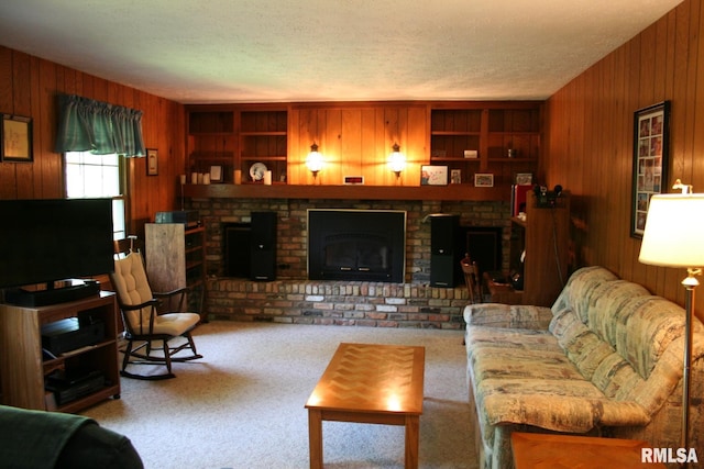 4145 Aspen Hills Dr, Bettendorf, IA 52722 - carpeted living room with wooden walls and a fireplace