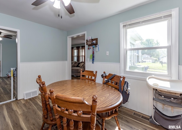 3020 Cleveland St, Clinton, IA 52732 - dining room featuring ceiling fan, wainscoting, and wood finished floors