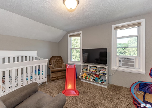 3020 Cleveland St, Clinton, IA 52732 - bedroom featuring carpet, lofted ceiling, and a textured ceiling