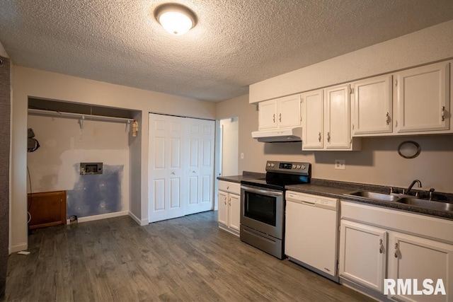 1413 Sebring Way, Carbondale, IL 62901 - kitchen with dishwasher, electric range, under cabinet range hood, a textured ceiling, and dark countertops