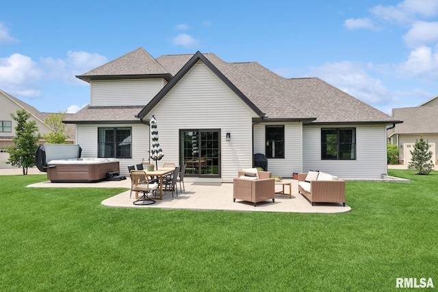 6925 Grover Sta, Bettendorf, IA 52722 - rear view of house featuring a hot tub, an outdoor hangout area, a patio, a lawn, and roof with shingles