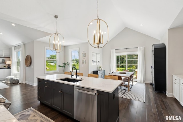 6925 Grover Sta, Bettendorf, IA 52722 - kitchen featuring stainless steel dishwasher, a chandelier, lofted ceiling, dark wood-style flooring, and pendant lighting