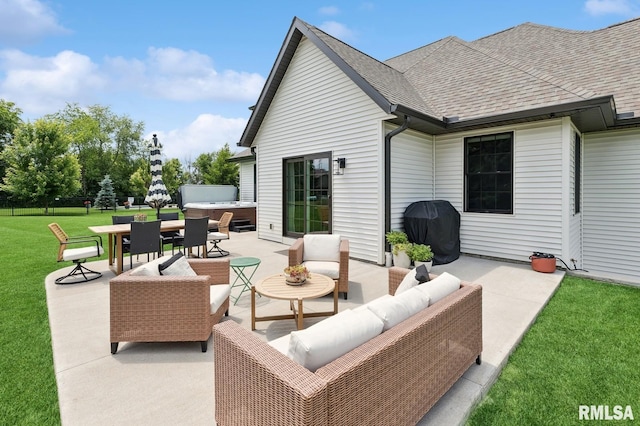 6925 Grover Sta, Bettendorf, IA 52722 - view of patio featuring a hot tub, a grill, and an outdoor living space