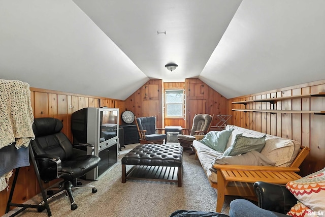 1020 Brown St, Bettendorf, IA 52722 - interior space with wooden walls, carpet, lofted ceiling, and a desk
