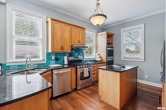 1703 20th St, Rock Island, IL 61201 - kitchen with stainless steel appliances, under cabinet range hood, plenty of natural light, crown molding, and a kitchen island
