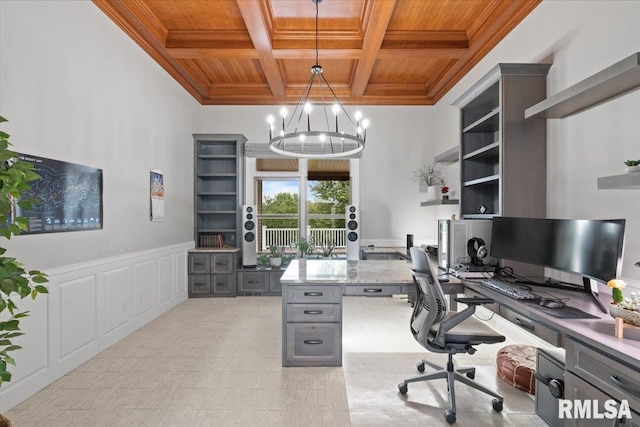 5985 Eagle Ridge Rd, Bettendorf, IA 52722 - office with a wood ceiling with exposed beams, coffered ceiling, a decorative wall, a chandelier, and ornamental molding