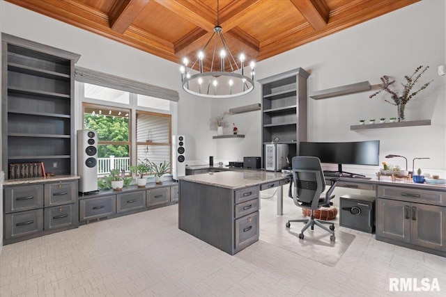 5985 Eagle Ridge Rd, Bettendorf, IA 52722 - office featuring a wood ceiling with exposed beams, coffered ceiling, a chandelier, and crown molding