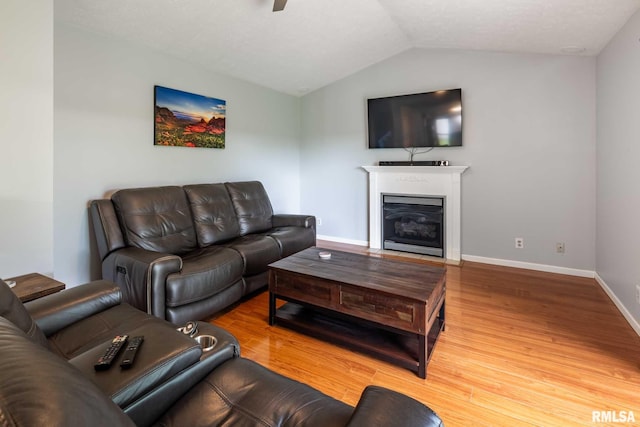 1514 E Willow Dr, Marion, IL 62959 - living area featuring a glass covered fireplace, vaulted ceiling, wood finished floors, and a ceiling fan
