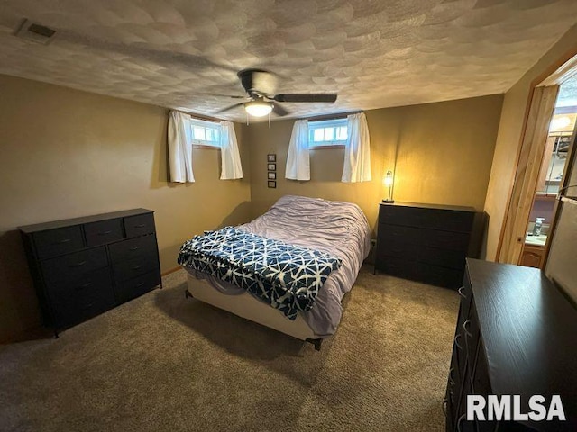 611 13th St, De Witt, IA 52742 - bedroom with a textured ceiling, carpet flooring, and a ceiling fan