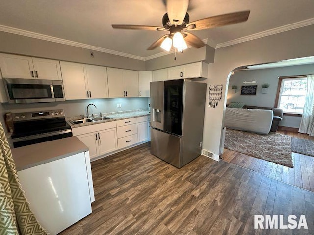611 13th St, De Witt, IA 52742 - kitchen featuring appliances with stainless steel finishes, dark wood-type flooring, ceiling fan, white cabinetry, and crown molding