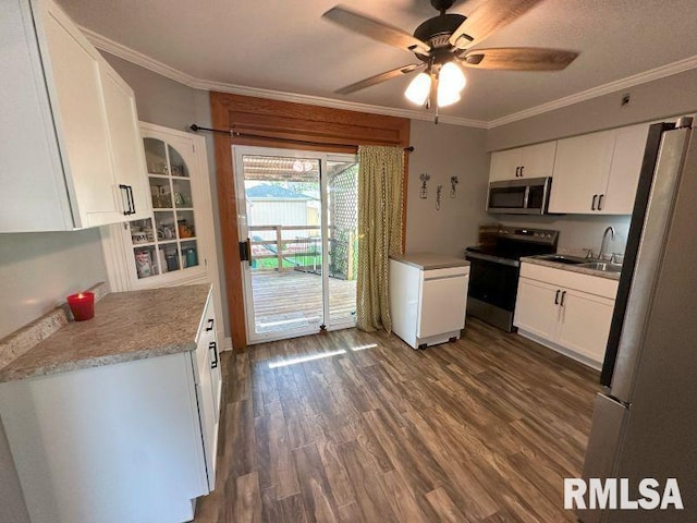 611 13th St, De Witt, IA 52742 - kitchen with stainless steel appliances, white cabinetry, ornamental molding, ceiling fan, and dark wood-style floors