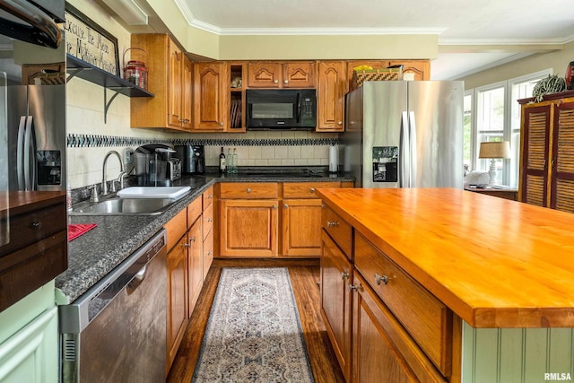 1278 Nicklaus Ln, Marion, IL 62959 - kitchen featuring appliances with stainless steel finishes, butcher block counters, open shelves, ornamental molding, and wood finished floors