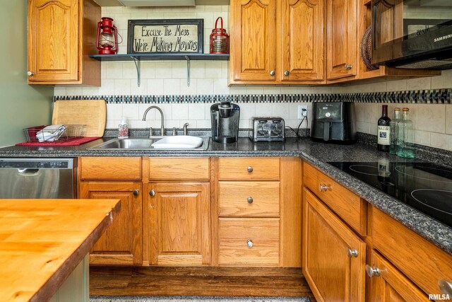 1278 Nicklaus Ln, Marion, IL 62959 - kitchen with stainless steel dishwasher, butcher block counters, decorative backsplash, and brown cabinetry