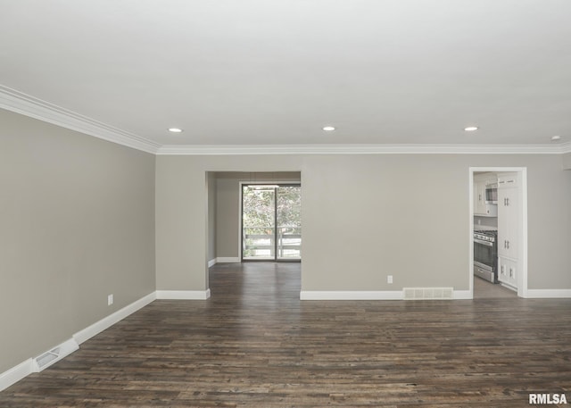 3503 36th St, Moline, IL 61265 - empty room featuring crown molding, dark wood-type flooring, and recessed lighting