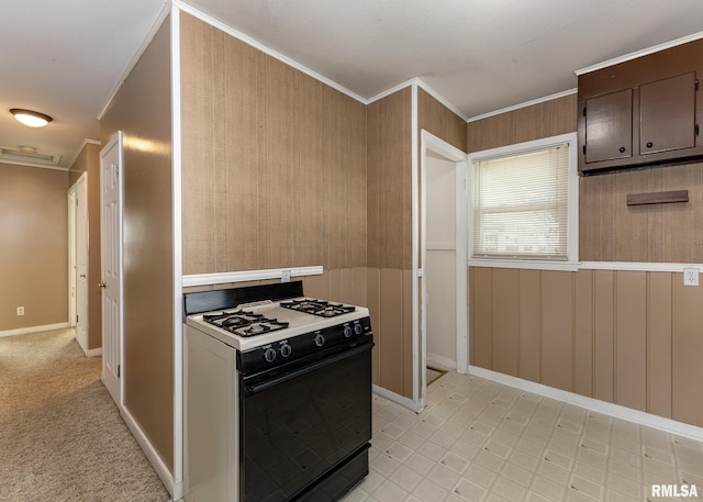 1035 14th Ave S, Clinton, IA 52732 - kitchen with white gas range, ornamental molding, and light countertops