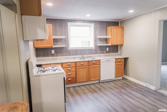 535 Adams St, Quincy, IL 62301 - kitchen with white appliances, open shelves, light wood-type flooring, light countertops, and recessed lighting