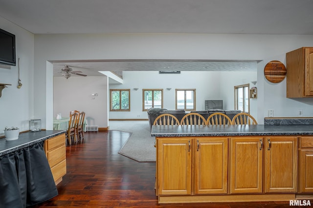 4460 160th St, Clinton, IA 52732 - kitchen featuring dark countertops, open floor plan, dark wood-style flooring, and plenty of natural light