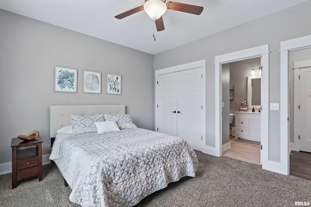 6250 Whispering Hill Ct, Bettendorf, IA 52722 - bedroom with carpet flooring, a closet, a ceiling fan, and ensuite bath
