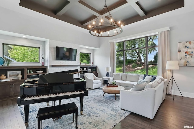 6250 Whispering Hill Ct, Bettendorf, IA 52722 - living room with coffered ceiling, a chandelier, dark wood-type flooring, beamed ceiling, and a fireplace