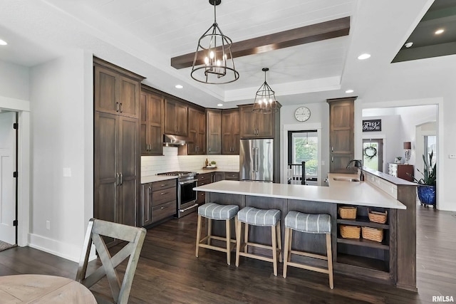 6250 Whispering Hill Ct, Bettendorf, IA 52722 - kitchen featuring stainless steel appliances, under cabinet range hood, decorative backsplash, a tray ceiling, and dark wood finished floors