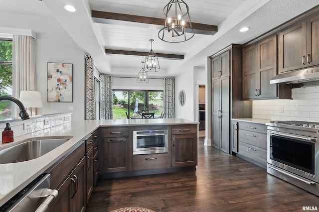6250 Whispering Hill Ct, Bettendorf, IA 52722 - kitchen with stainless steel appliances, under cabinet range hood, a chandelier, plenty of natural light, and beamed ceiling