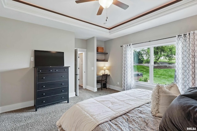 6250 Whispering Hill Ct, Bettendorf, IA 52722 - bedroom featuring a raised ceiling, ornamental molding, carpet floors, and a ceiling fan