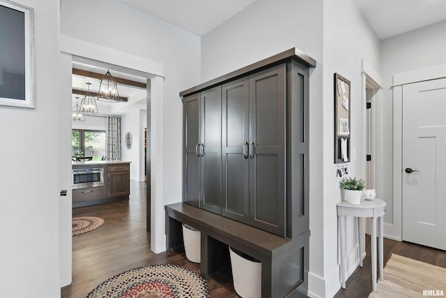 6250 Whispering Hill Ct, Bettendorf, IA 52722 - mudroom with dark wood-style floors and a chandelier