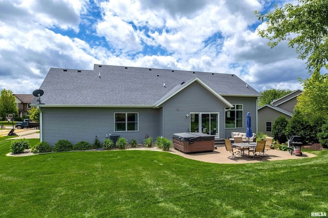6250 Whispering Hill Ct, Bettendorf, IA 52722 - rear view of property with a hot tub, a patio, a lawn, and roof with shingles
