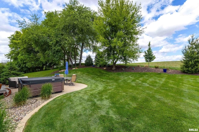 6250 Whispering Hill Ct, Bettendorf, IA 52722 - view of grassy yard with a hot tub and a patio area