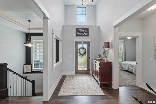 6250 Whispering Hill Ct, Bettendorf, IA 52722 - entrance foyer with dark wood-style floors and a high ceiling