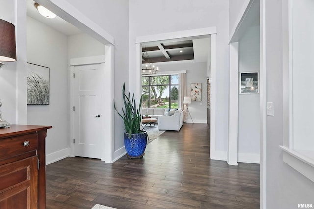6250 Whispering Hill Ct, Bettendorf, IA 52722 - foyer featuring dark wood-type flooring, coffered ceiling, a chandelier, and beamed ceiling