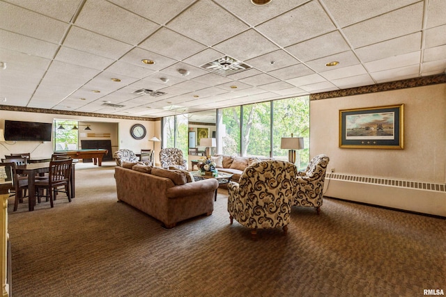 1800 7th St Unit 7A, East Moline, IL 61244 - carpeted living area with billiards table, a drop ceiling, and a baseboard heating unit