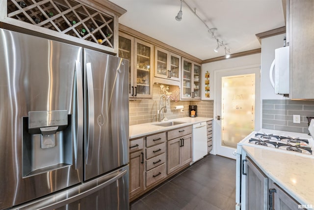 1800 7th St Unit 7A, East Moline, IL 61244 - kitchen featuring white appliances, glass insert cabinets, tasteful backsplash, and light stone counters