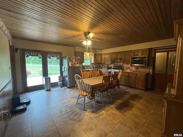 5560 Hidden Acres Ln, Carterville, IL 62918 - dining area with wooden ceiling, ceiling fan, and dark tile patterned flooring