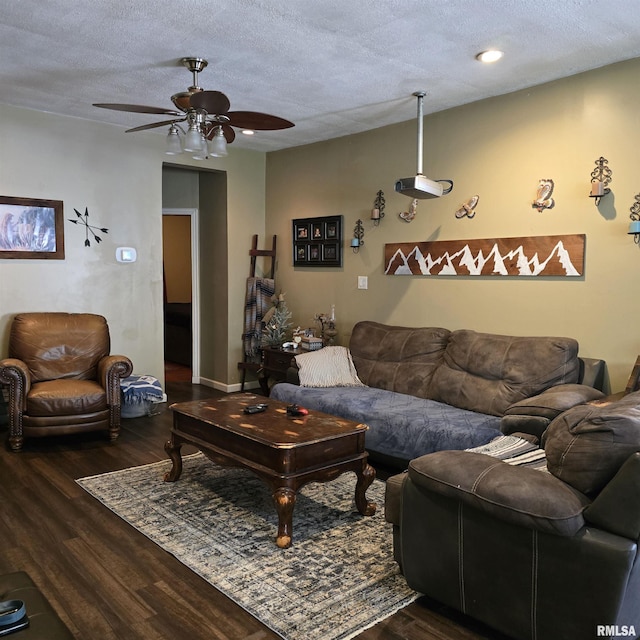 314 Chestnut St, Cambria, IL 62915 - living room featuring dark wood-style floors, a textured ceiling, and ceiling fan