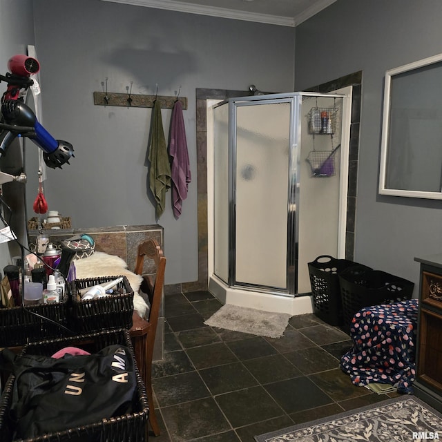 314 Chestnut St, Cambria, IL 62915 - full bath featuring ornamental molding, a shower stall, and stone finish floors