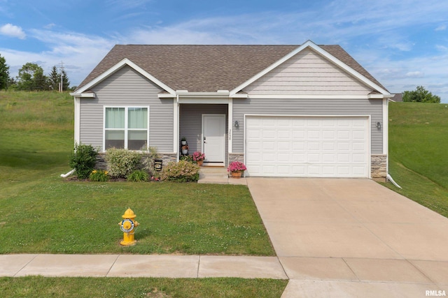 3458 Glenbrook Cir N, Bettendorf, IA 52722 - view of front of property with stone siding, a garage, and a front lawn