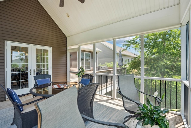 3563 Cobblestone Dr, Bettendorf, IA 52722 - sunroom featuring ceiling fan, lofted ceiling, and french doors