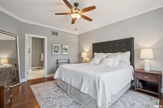 3563 Cobblestone Dr, Bettendorf, IA 52722 - bedroom with crown molding, dark wood finished floors, and ceiling fan
