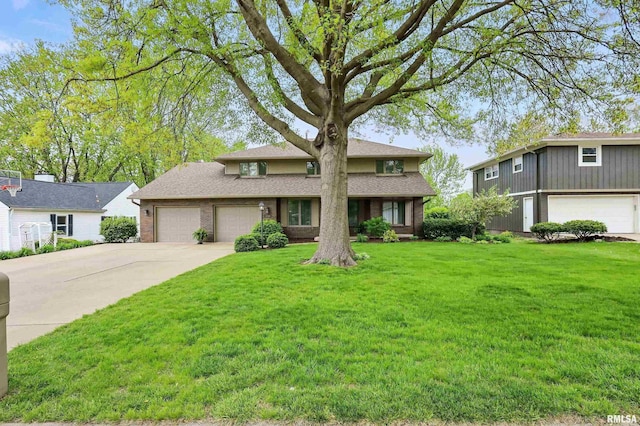 4444 Spring St, Davenport, IA 52807 - view of front of property with an attached garage, concrete driveway, a front yard, roof with shingles, and brick siding