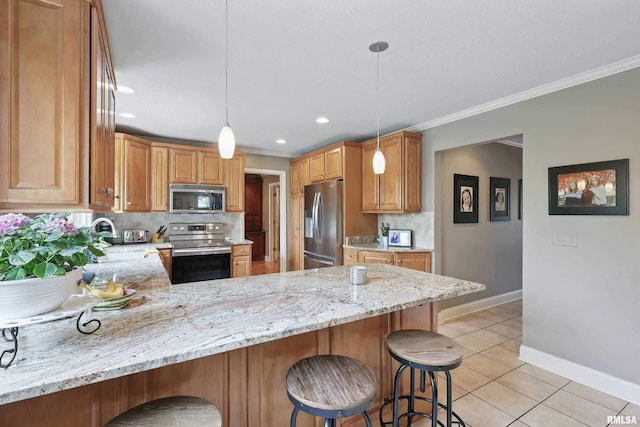 4444 Spring St, Davenport, IA 52807 - kitchen with stainless steel appliances, decorative backsplash, a peninsula, light stone countertops, and crown molding