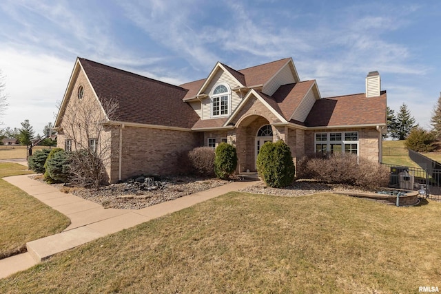 4934 Foxborough Ct, Bettendorf, IA 52722 - traditional-style house featuring a chimney, a front lawn, brick siding, and roof with shingles