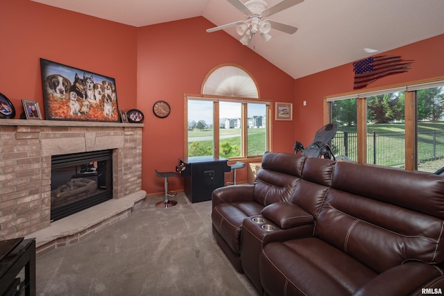4934 Foxborough Ct, Bettendorf, IA 52722 - living area featuring carpet, a ceiling fan, high vaulted ceiling, and a brick fireplace