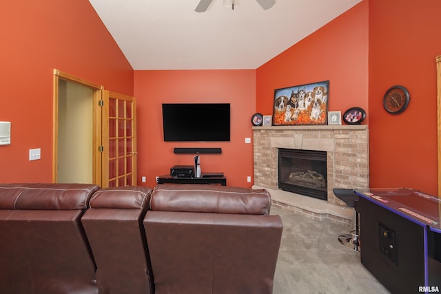 4934 Foxborough Ct, Bettendorf, IA 52722 - living area featuring vaulted ceiling, carpet floors, ceiling fan, and a fireplace