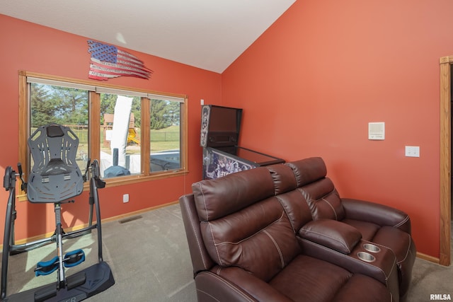 4934 Foxborough Ct, Bettendorf, IA 52722 - carpeted home theater featuring vaulted ceiling and baseboards