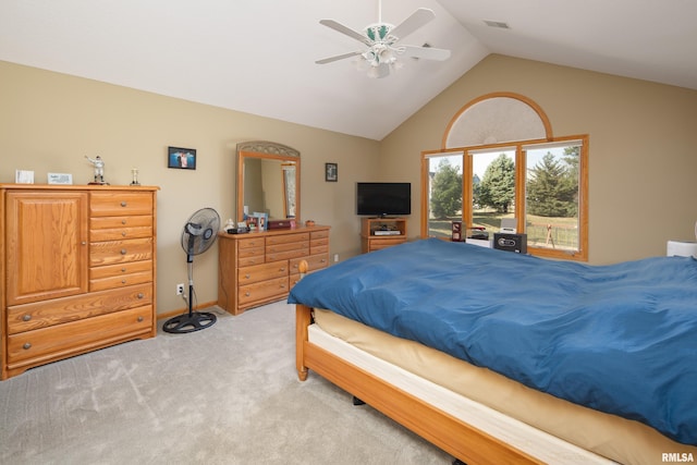 4934 Foxborough Ct, Bettendorf, IA 52722 - bedroom featuring light colored carpet, vaulted ceiling, and a ceiling fan