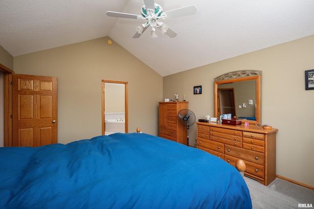 4934 Foxborough Ct, Bettendorf, IA 52722 - bedroom featuring light colored carpet, vaulted ceiling, a ceiling fan, and ensuite bath
