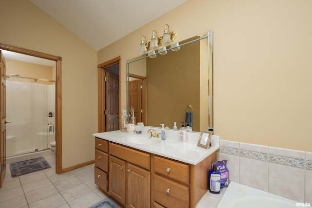 4934 Foxborough Ct, Bettendorf, IA 52722 - full bathroom with lofted ceiling, vanity, tile patterned flooring, a garden tub, and a shower stall